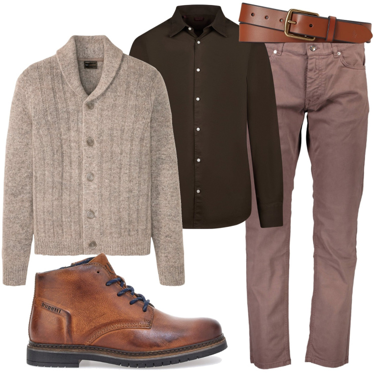 Outfit uomo - Il cardigan beige. Stile Casual per Ufficio. Abbinamento con cardigans, cinture, stivali e stivaletti, camicie, pantaloni.