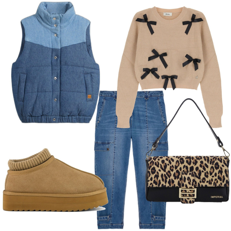 Outfit donna - Vivere in denim. Stile Romantica per Tutti i giorni. Abbinamento con gilet, borse a spalla, maglieria, sabot, jeans.