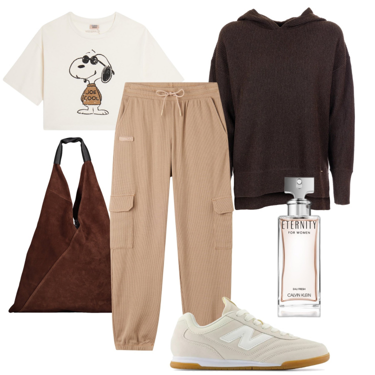 Outfit donna - Total anni ‘90, profumo compreso !. Stile Casual per Tutti i giorni. Abbinamento con profumi, sneakers, maglieria, pantaloni sportivi, t-shirt, borse a spalla.