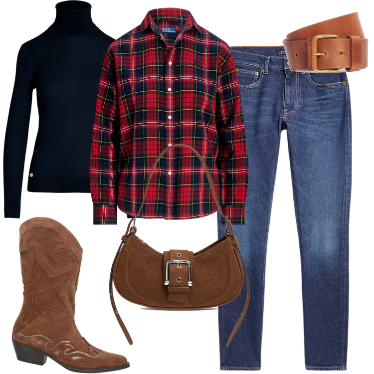 Outfit donna - Western story. Stile Casual per Tutti i giorni. Abbinamento con stivali, maglieria, jeans slim fit, camicie, cinture, borse a spalla.