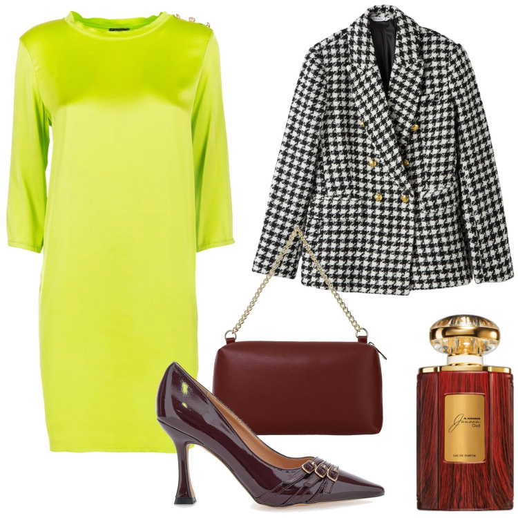 Outfit donna - In ufficio. Stile Bon Ton per Ufficio. Abbinamento con profumi, blazer, vestiti, borse a tracolla, décolleté.
