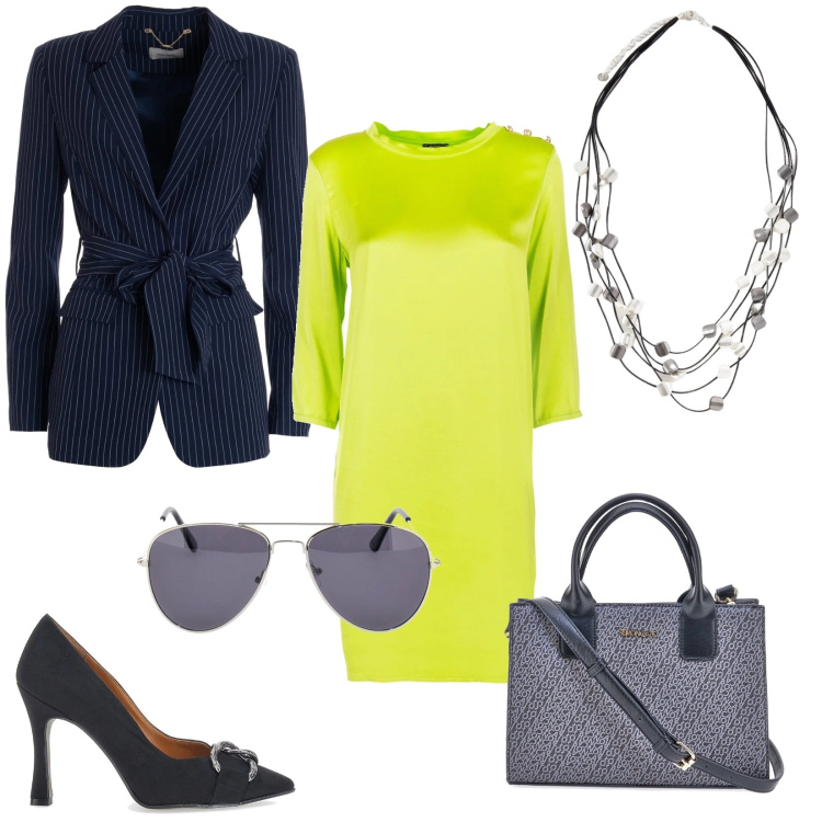 Outfit donna - L\'abito verde lime. Stile Chic per Ufficio. Abbinamento con vestiti, blazer, borse a tracolla, décolleté, collane, occhiali da sole.