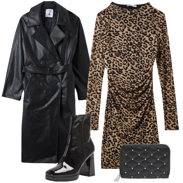 Outfit donna - Pelle e maculato. Stile 70s per Serata fuori. Abbinamento con vestiti lunghi, trench, stivaletti, portafogli.