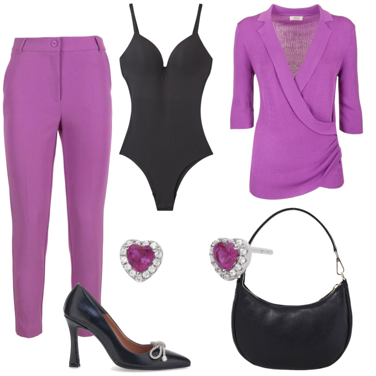 Outfit donna - Ciclamino, fiore autunnale. Stile Chic per Serata fuori. Abbinamento con body, orecchini, maglieria, pantaloni, borse a spalla, décolleté.