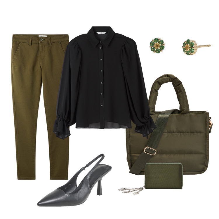 Outfit donna - Black and Green Friday. Stile Basic per Tutti i giorni. Abbinamento con orecchini, camicie, shopping bag, pantaloni chino, portafogli, décolleté.