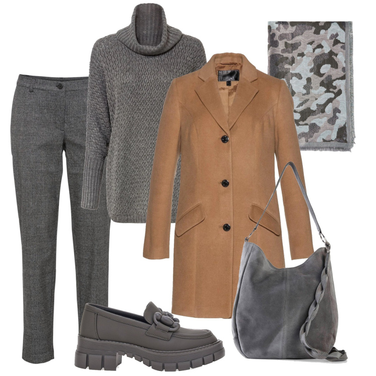 Outfit donna - Total grey e cappotto caffè. Stile Sporty chic per Tutti i giorni. Abbinamento con pantaloni, borse a mano, cappotti, maglieria, mocassini, sciarpe.