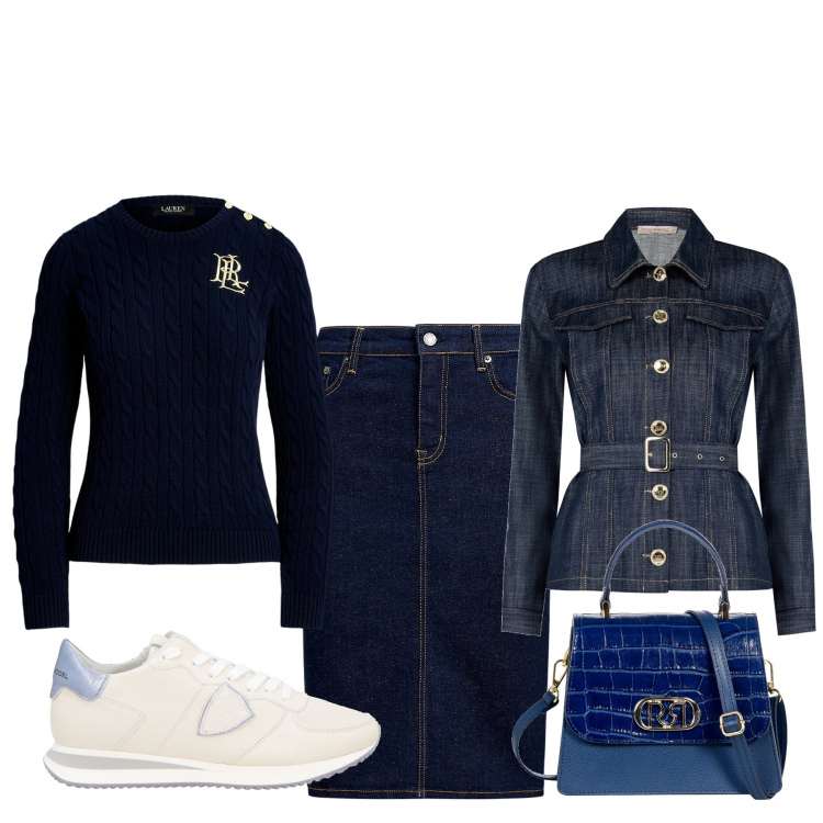 Outfit donna - Longuette di jeans. Stile Basic per Tutti i giorni. Abbinamento con sneakers, blazer, borse a mano, maglieria, gonne.
