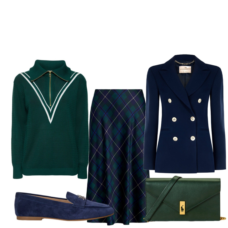 Outfit donna - Comoda durante le feste natalizie. Stile Bon Ton per Serata fuori. Abbinamento con blazer, mocassini, gonne, clutch, maglieria.