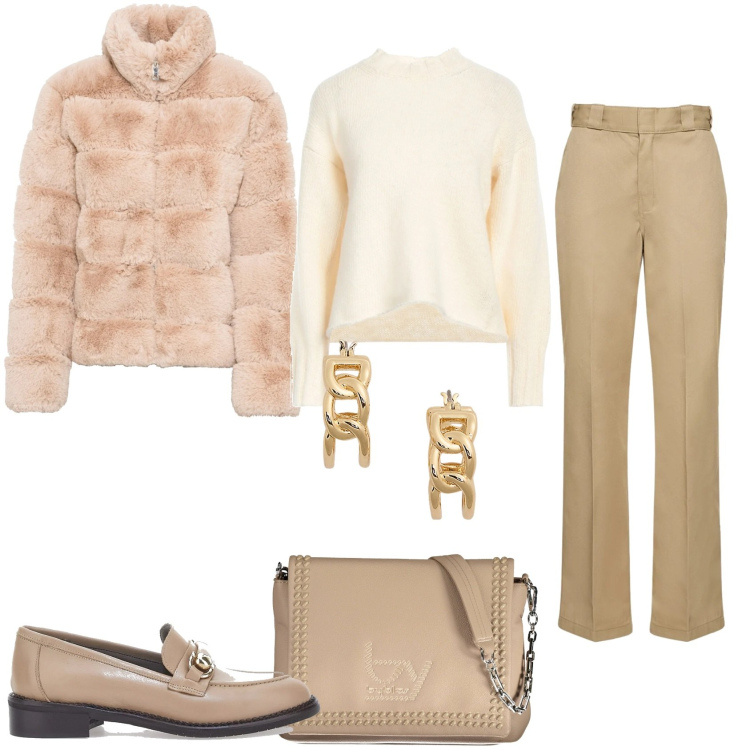 Outfit donna - in maglia leggera calda. Stile Glamour per Tutti i giorni. Abbinamento con ecopellicce, pullovers, orecchini, mocassini, pantaloni, borse a spalla.
