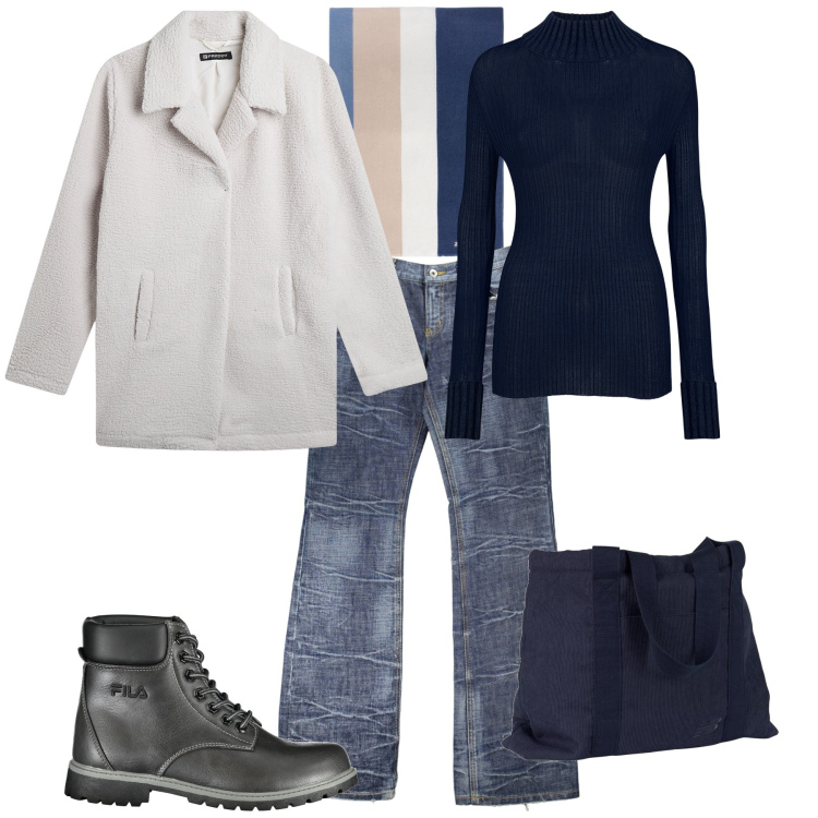 Outfit donna - Total look #2002021. Stile Urban per Tutti i giorni. Abbinamento con borse tote, blazer, maglieria, jeans dritti, stivali, sciarpe.