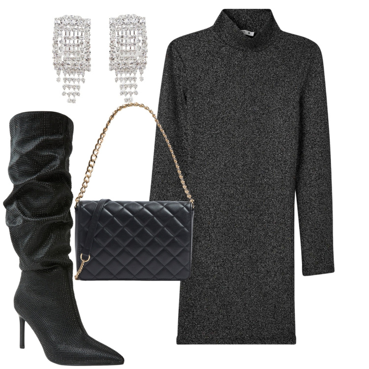 Outfit donna - Serata luccicante. Stile Sexy per Serata fuori. Abbinamento con vestiti corti, stivali, borse a tracolla, orecchini.