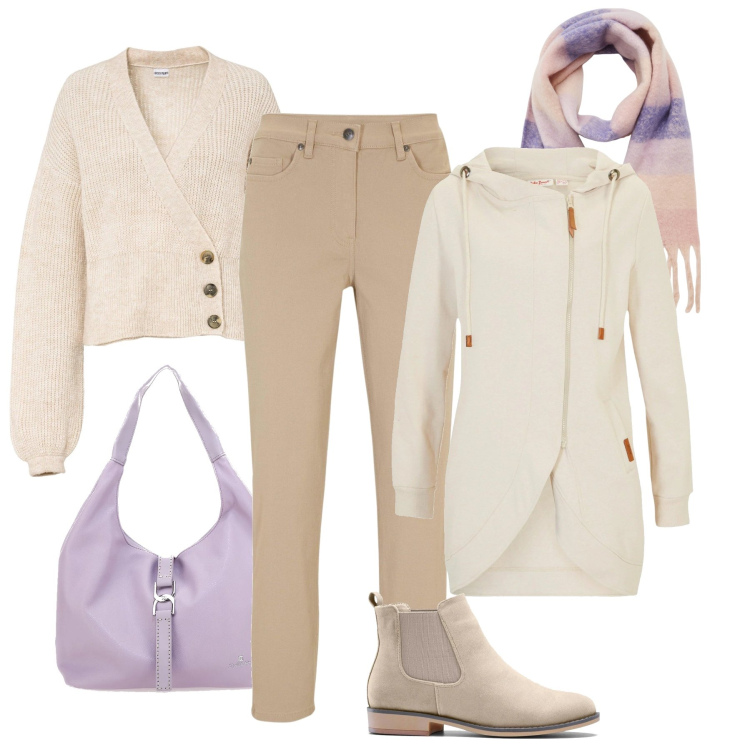 Outfit donna - Un tocco di lilla. Stile Casual per Tutti i giorni. Abbinamento con pantaloni, stivaletti chelsea, blazer, maglieria, sciarpe, borse a spalla.