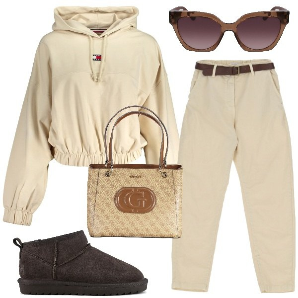 Outfit donna - Casual. Stile Casual per Tutti i giorni. Abbinamento con pantaloni, stivali, felpe con cappuccio, occhiali da sole, borse a spalla.