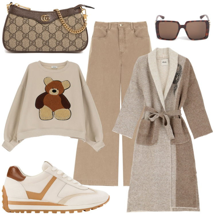 Outfit donna - Orsetto. Stile Casual chic per Tutti i giorni. Abbinamento con cappotti, pantaloni, felpe, sneakers, borse a spalla, occhiali da sole.