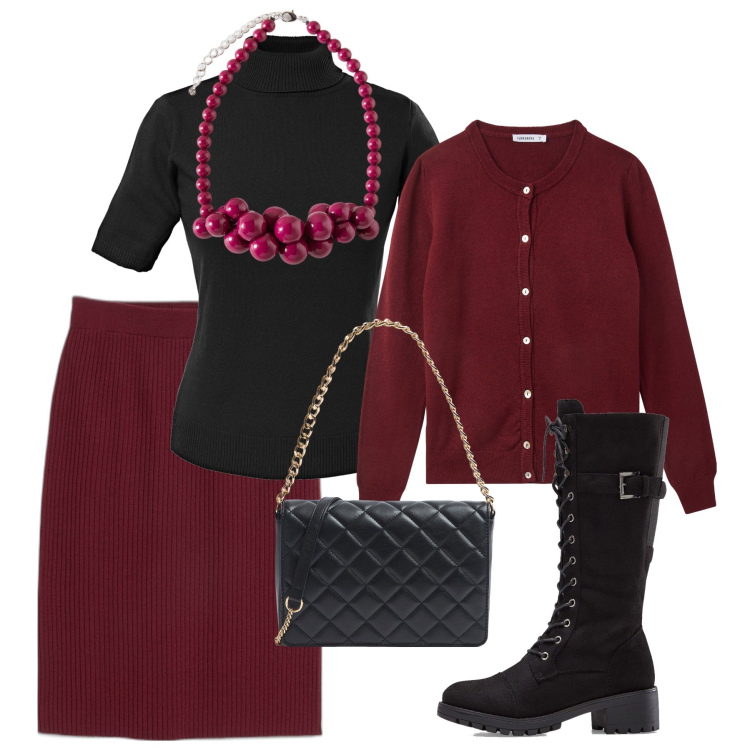 Outfit donna - Con la collana a grappolo!. Stile Casual chic per Ufficio. Abbinamento con gonne, stivali, maglieria, cardigans, borse a tracolla, collane.