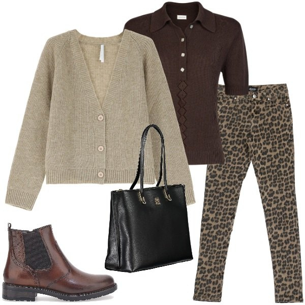 Outfit donna - Giornata in citta\'. Stile Urban per Tutti i giorni. Abbinamento con cardigans, pantaloni, stivaletti chelsea, polo, borse a spalla.
