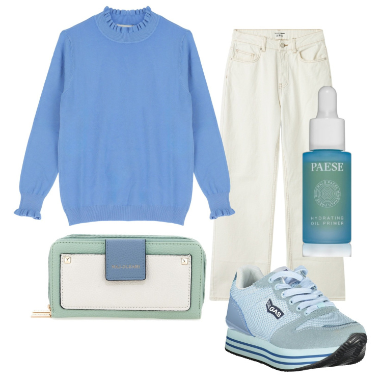 Outfit donna - Total look #2002049. Stile Casual per Tutti i giorni. Abbinamento con primer, jeans, maglieria, portafogli, sneakers.