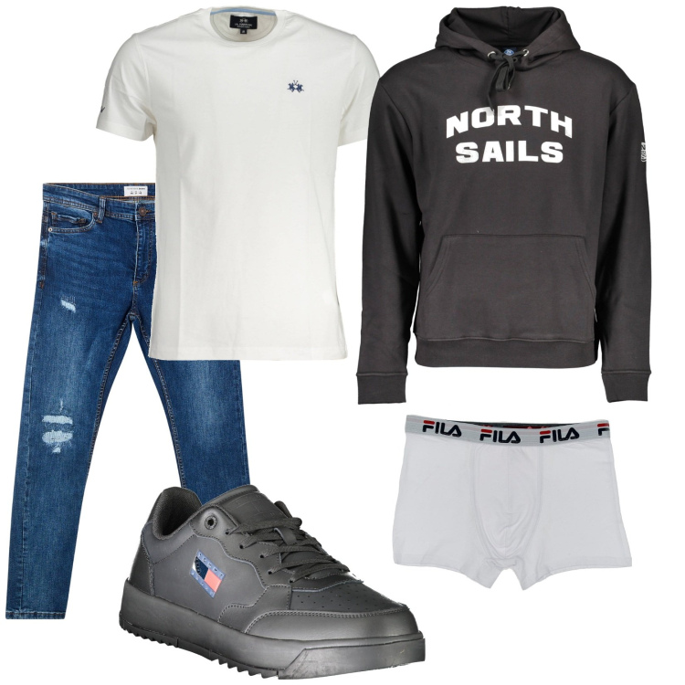 Outfit uomo - Total look #2002052. Stile Casual per Tutti i giorni. Abbinamento con jeans strappati, sneakers, t-shirt, felpe con cappuccio, boxer.