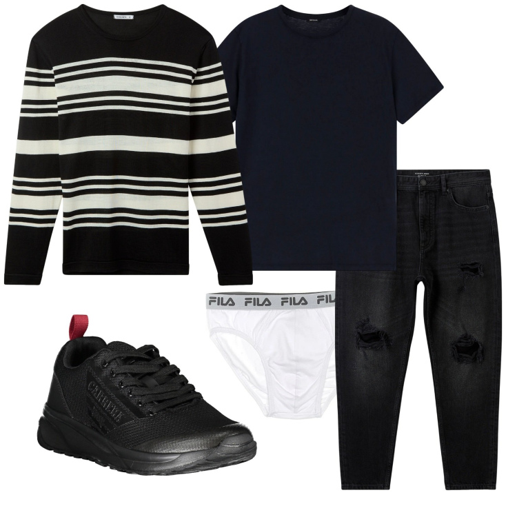 Outfit uomo - Total look #2002054. Stile Casual per Tutti i giorni. Abbinamento con maglieria, jeans strappati, t-shirt, sneakers, slip.