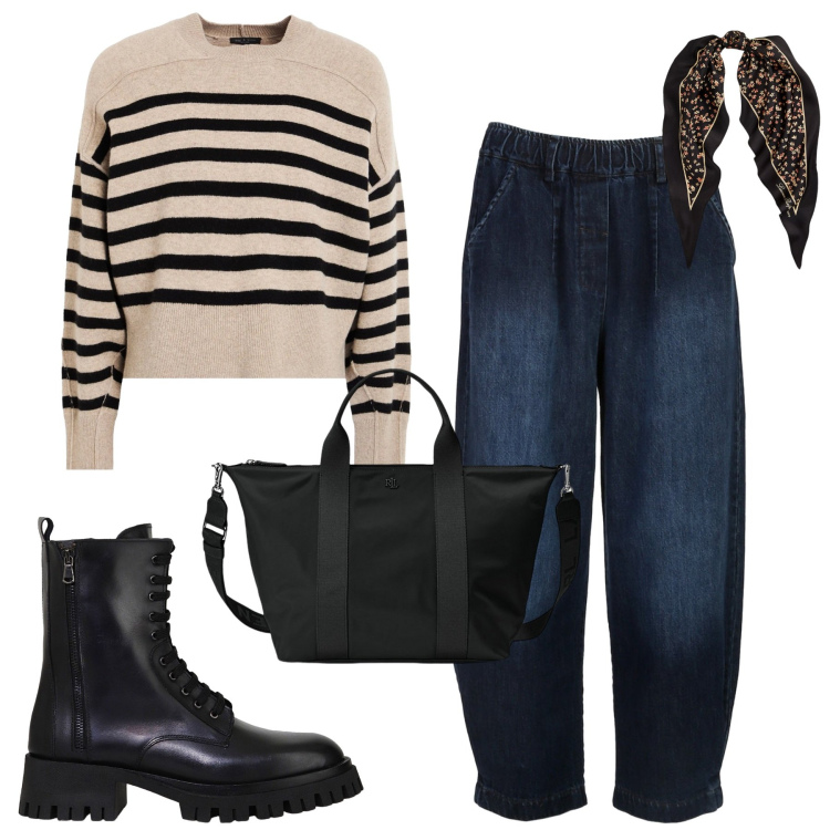 Outfit donna - Total look #2002074. Stile Casual per Tutti i giorni. Abbinamento con pullovers, jeans, borse tote, foulard, stivali.