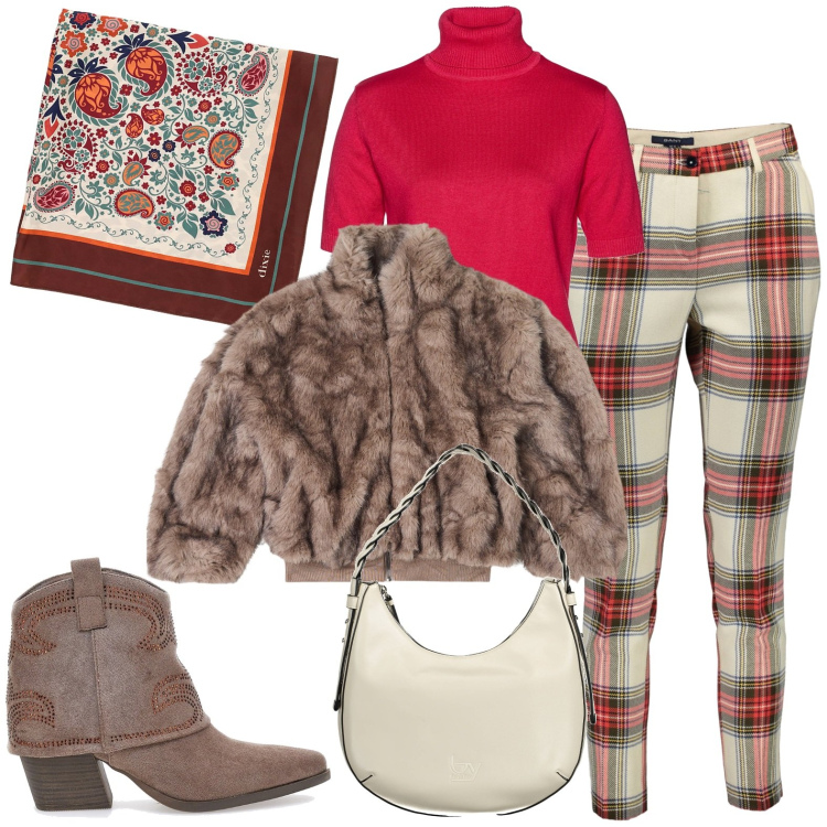 Outfit donna - Total look #2002075. Stile Casual per Tutti i giorni. Abbinamento con maglieria, ecopellicce, foulard, stivaletti texani, pantaloni, borse a spalla.