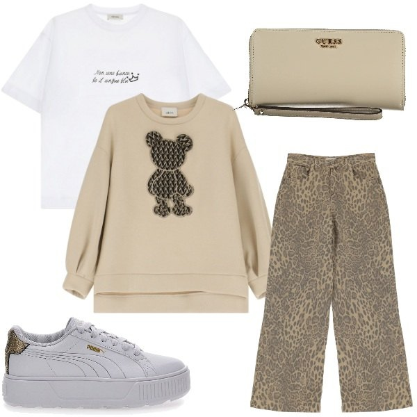 Outfit donna - Casual in citta\'. Stile Casual per Scuola/Università. Abbinamento con felpe, pantaloni, t-shirt, sneakers, portafogli.