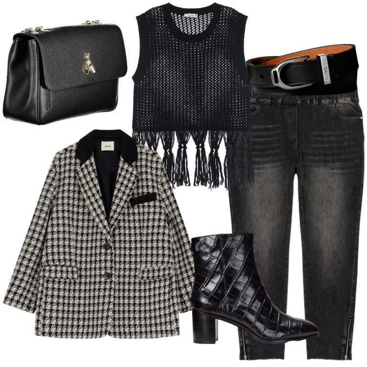 Outfit donna - Total look #2002081. Stile Casual per Tutti i giorni. Abbinamento con maglieria, blazer, braccialetti, stivaletti, borse a spalla, jeggings.