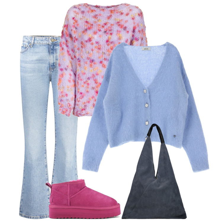 Outfit donna - Pastelli d\' inverno. Stile Casual per Tutti i giorni. Abbinamento con maglieria, cardigans, stivaletti, jeans dritti, borse a spalla.