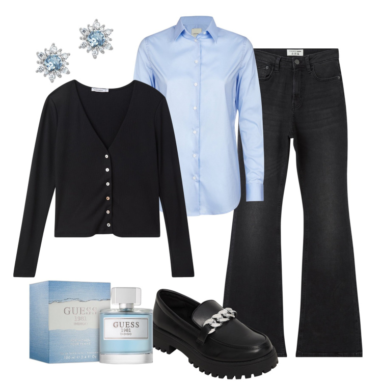 Outfit donna - Less is more. Stile Sporty chic per Tutti i giorni. Abbinamento con profumi, jeans a zampa, cardigans, mocassini, orecchini, camicie.