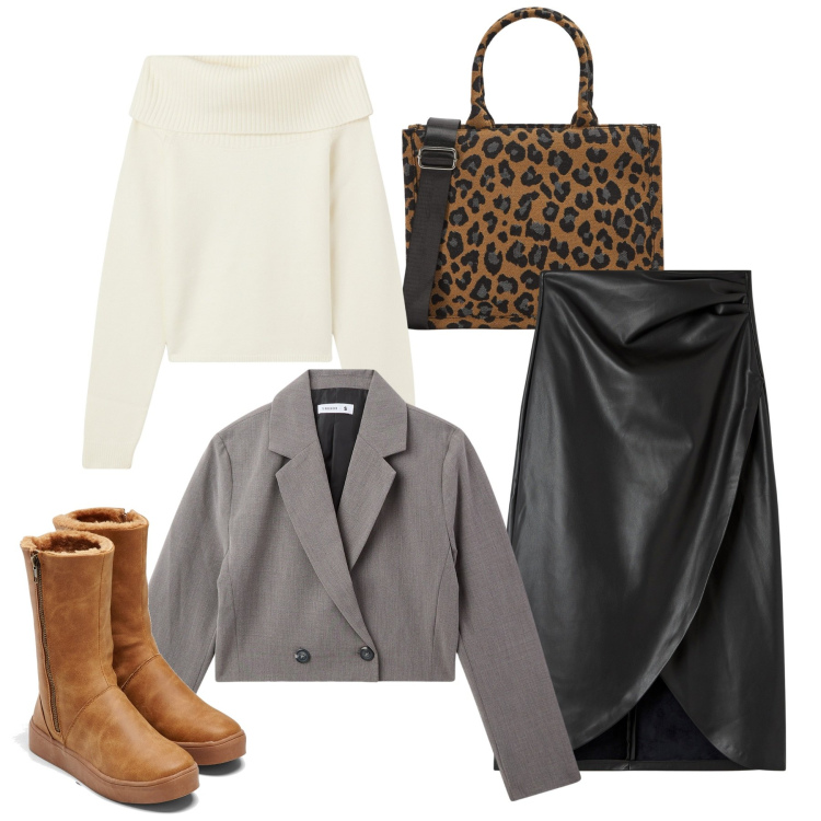 Outfit donna - Ecopelle e blazer corto. Stile Chic per Tutti i giorni. Abbinamento con stivali, gonne, shopping bag, maglieria, blazer.