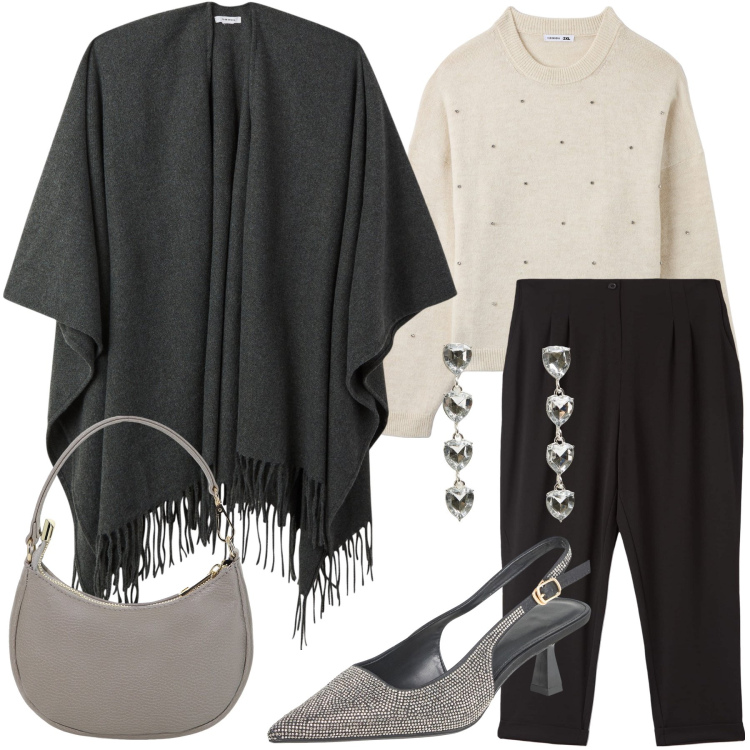 Outfit donna - Curry avvolgente in autunno. Stile Casual chic per Serata fuori. Abbinamento con orecchini, maglieria, pantaloni chino, cappe, décolleté, borse a spalla.
