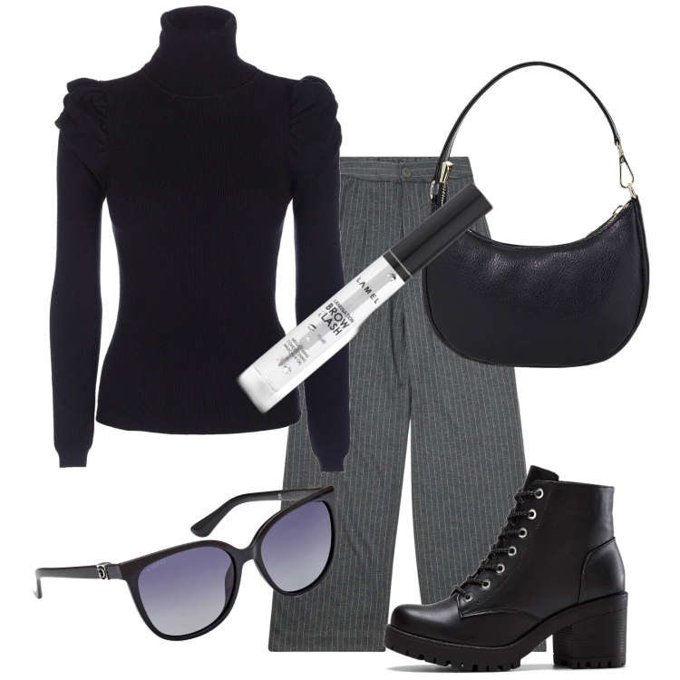 Outfit donna - Slim a costine. Stile Casual chic per Tutti i giorni. Abbinamento con stivaletti, mascara, pantaloni, maglieria, borse a spalla, occhiali da sole.