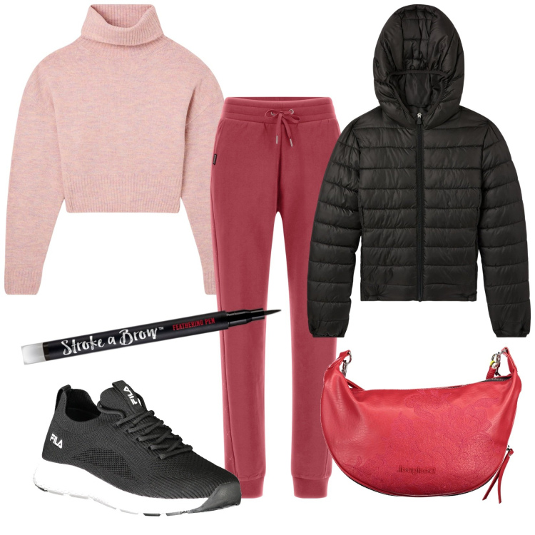 Outfit donna - Vabbè esco un attimo. Stile Casual per Tutti i giorni. Abbinamento con eyeliner, blazer, maglieria, pantaloni sportivi, borse a spalla, sneakers.