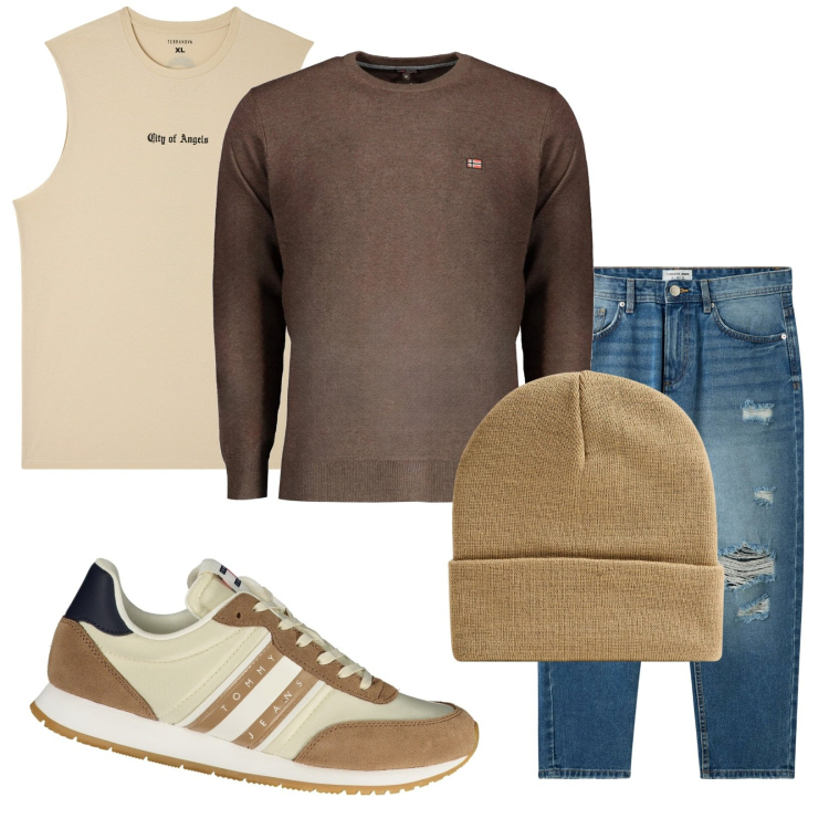 Outfit uomo - Total look #2002162. Stile Casual per Tutti i giorni. Abbinamento con canottiere, jeans strappati, berretti, maglieria, sneakers.