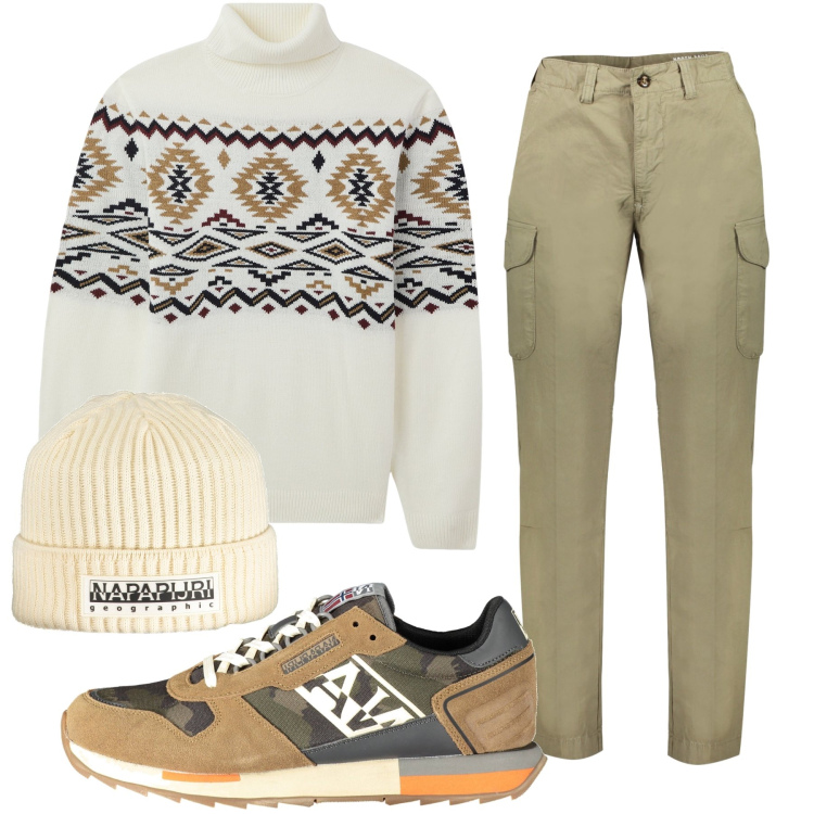 Outfit uomo - Verde oliva e beige. Stile Casual per Tutti i giorni. Abbinamento con maglieria, sneakers, pantaloni, berretti.