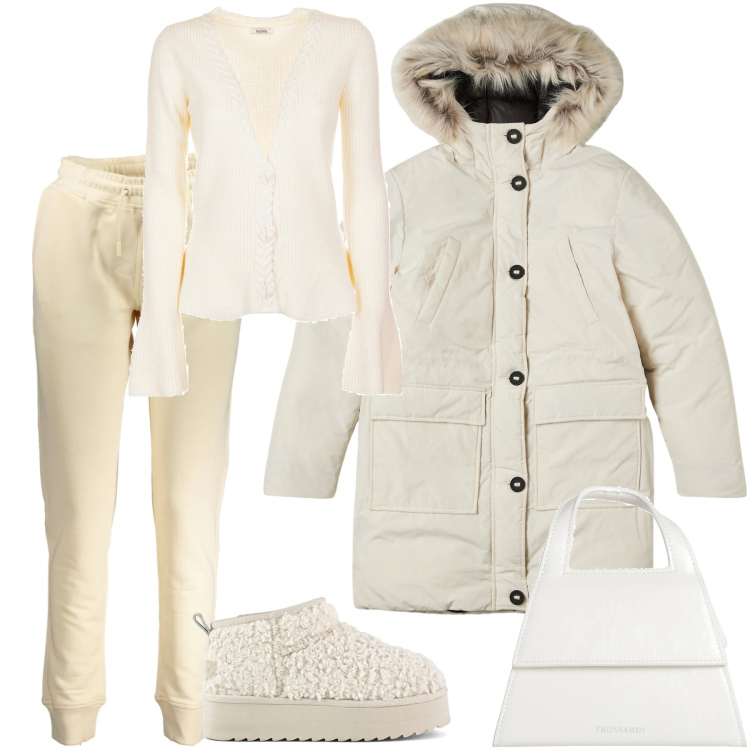 Outfit donna - Aspettando la neve. Stile Trendy per Tutti i giorni. Abbinamento con borse a mano, parka, cardigans, stivaletti, pantaloni.