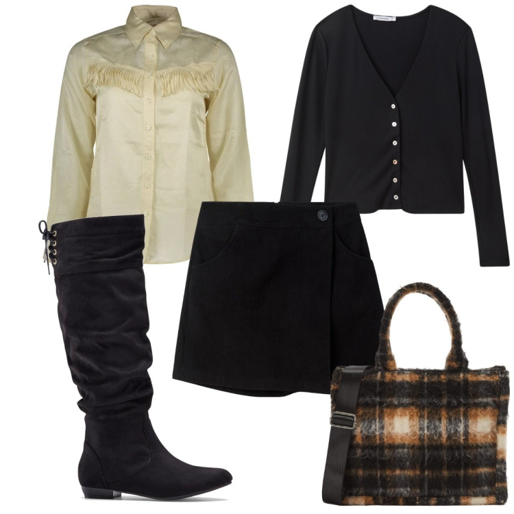 Outfit donna - Total look #2002181. Stile Trendy per Tutti i giorni. Abbinamento con stivali, cardigans, shopping bag, minigonne, camicie.