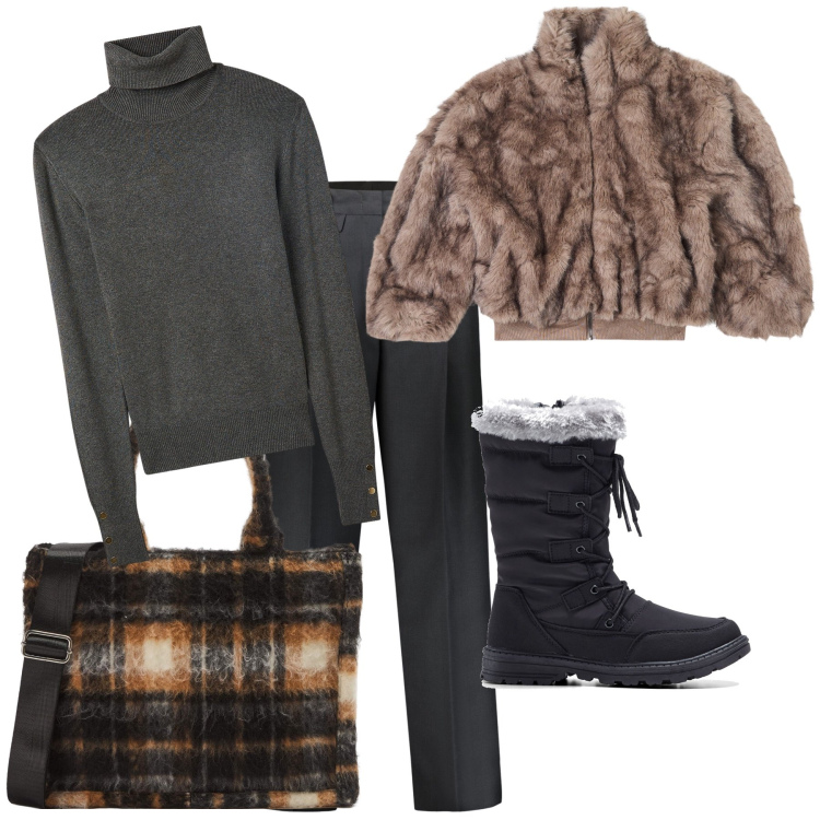 Outfit donna - La borsa plaid. Stile Urban per Tutti i giorni. Abbinamento con stivaletti, shopping bag, ecopellicce, maglieria, pantaloni.