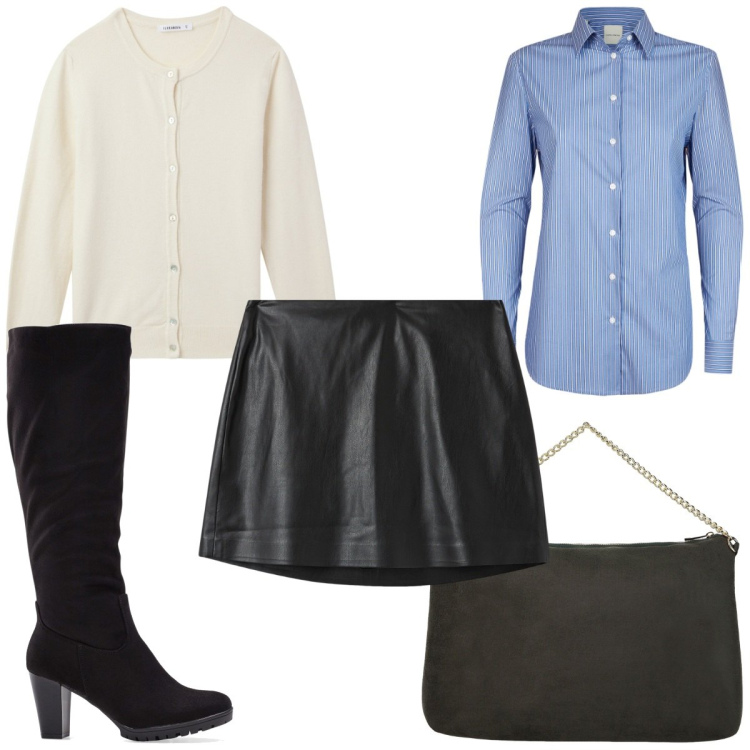 Outfit donna - Total look #2002195. Stile Trendy per Tutti i giorni. Abbinamento con stivali, cardigans, minigonne, pochette, camicie.