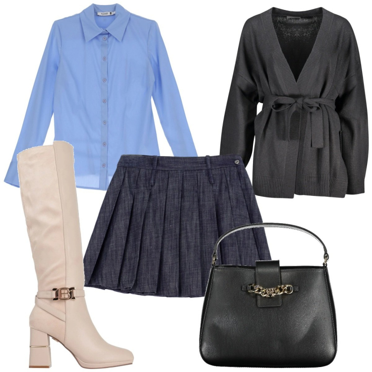 Outfit donna - Total look #2002198. Stile Trendy per Tutti i giorni. Abbinamento con stivali, camicie, minigonne, borse a spalla, cardigans.
