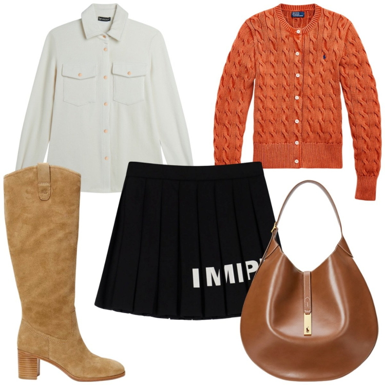 Outfit donna - Total look #2002206. Stile Trendy per Tutti i giorni. Abbinamento con minigonne, camicie, borse a spalla, cardigans, stivali.