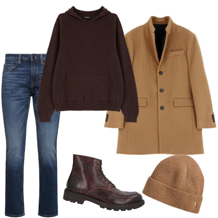 Outfit uomo - Oversize comfy chic. Stile Trendy per Tutti i giorni. Abbinamento con stivali e stivaletti, cappotti, maglieria, berretti, jeans.