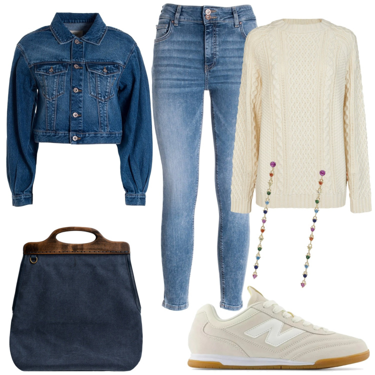 Outfit donna - Stile anni 90. Stile Casual per Tutti i giorni. Abbinamento con orecchini, sneakers, jeans skinny, giacche, maglieria, borse a tracolla.