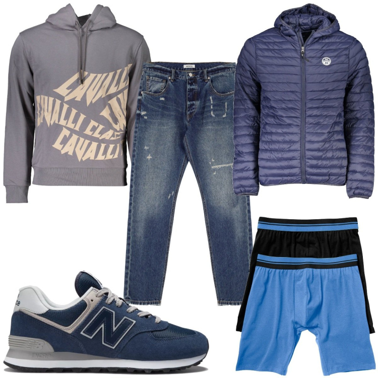 Outfit uomo - Total look #2002228. Stile Casual per Tutti i giorni. Abbinamento con boxer, sneakers, jeans dritti, giacche, felpe con cappuccio.