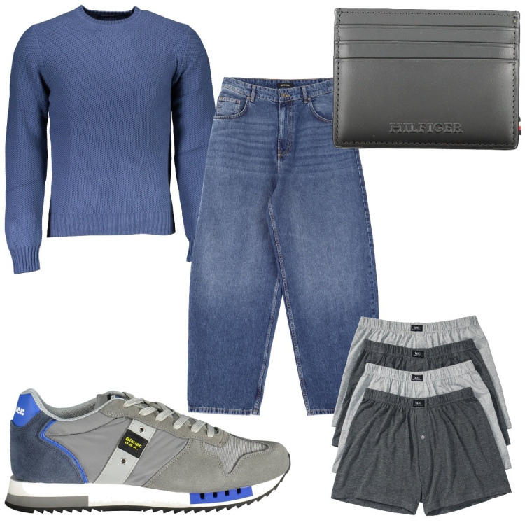 Outfit uomo - Total look #2002234. Stile Trendy per Tutti i giorni. Abbinamento con boxer, jeans, maglieria, sneakers, portafogli.