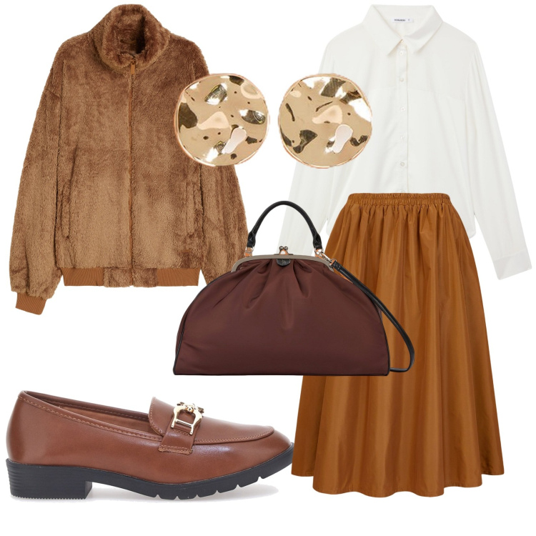 Outfit donna - I mocassini per la gonna. Stile Trendy per Ufficio. Abbinamento con camicie, blazer, mocassini, gonne lunghe, borse a spalla, orecchini.