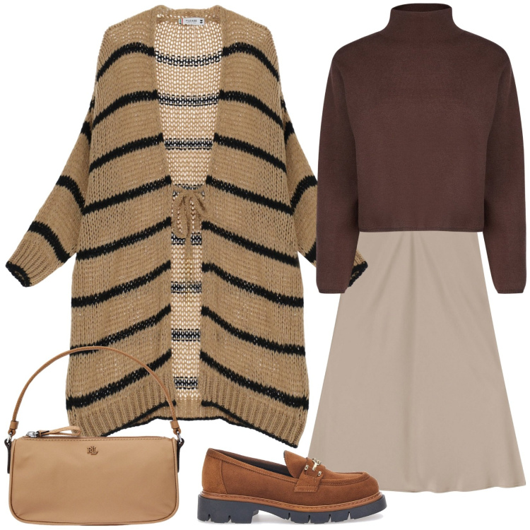 Outfit donna - I colori della terra. Stile Sporty chic per Tutti i giorni. Abbinamento con cardigans, gonne lunghe, pochette, mocassini, cardigans.