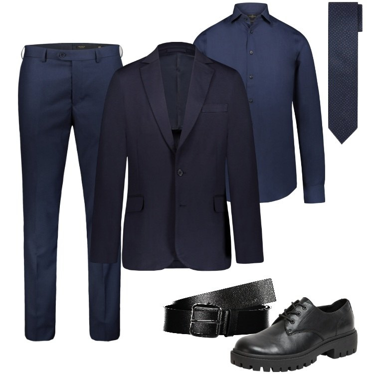 Outfit uomo - Dark Blue. Stile Business/Elegante per Ufficio. Abbinamento con scarpe stringate, giacche, camicie, pantaloni, cinture, cravatte.