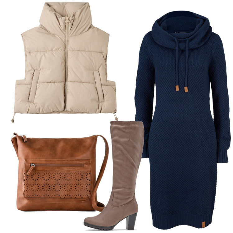 Outfit donna - Abito felpa. Stile Casual per Ufficio. Abbinamento con vestiti, borse a tracolla, stivali, piumini.