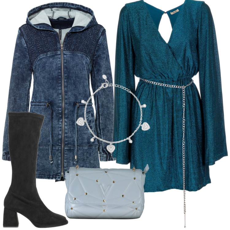 Outfit donna - Disco in azzurro. Stile Chic per Serata fuori. Abbinamento con parka, stivali, braccialetti, vestiti, borse a tracolla.